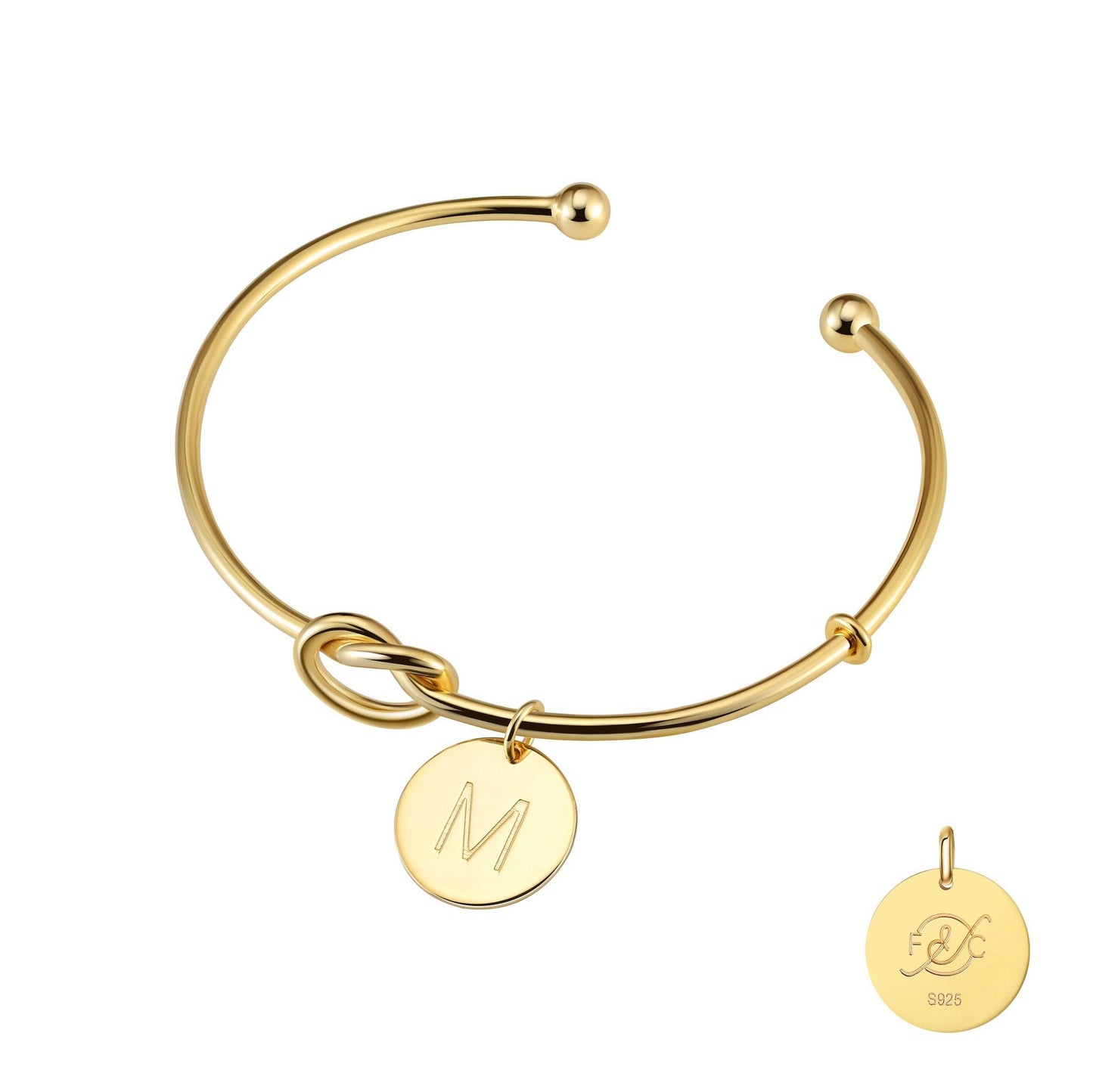 Knot Initial Bracelet in sterling silver with a gold finish includes an initial letter charm for added jewelry personalization.